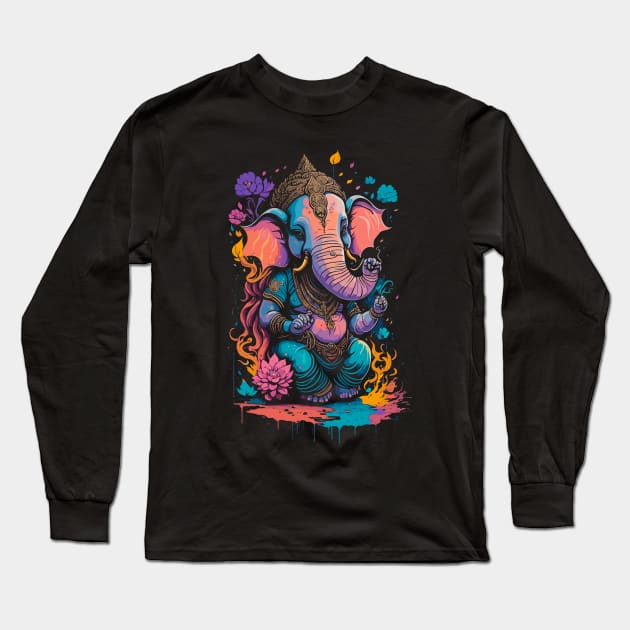 Colorful Ganapati Ganesh Chaturthi with Flowers Long Sleeve T-Shirt by Ravenglow